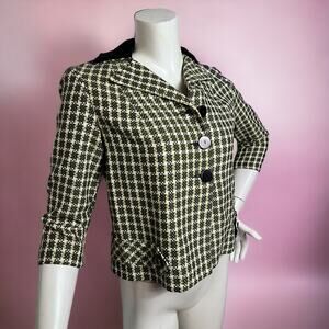 VINTAGE 80s Winnie Marsh Dagger Collar Tweed Secretary Jacket Green Plaid Size S